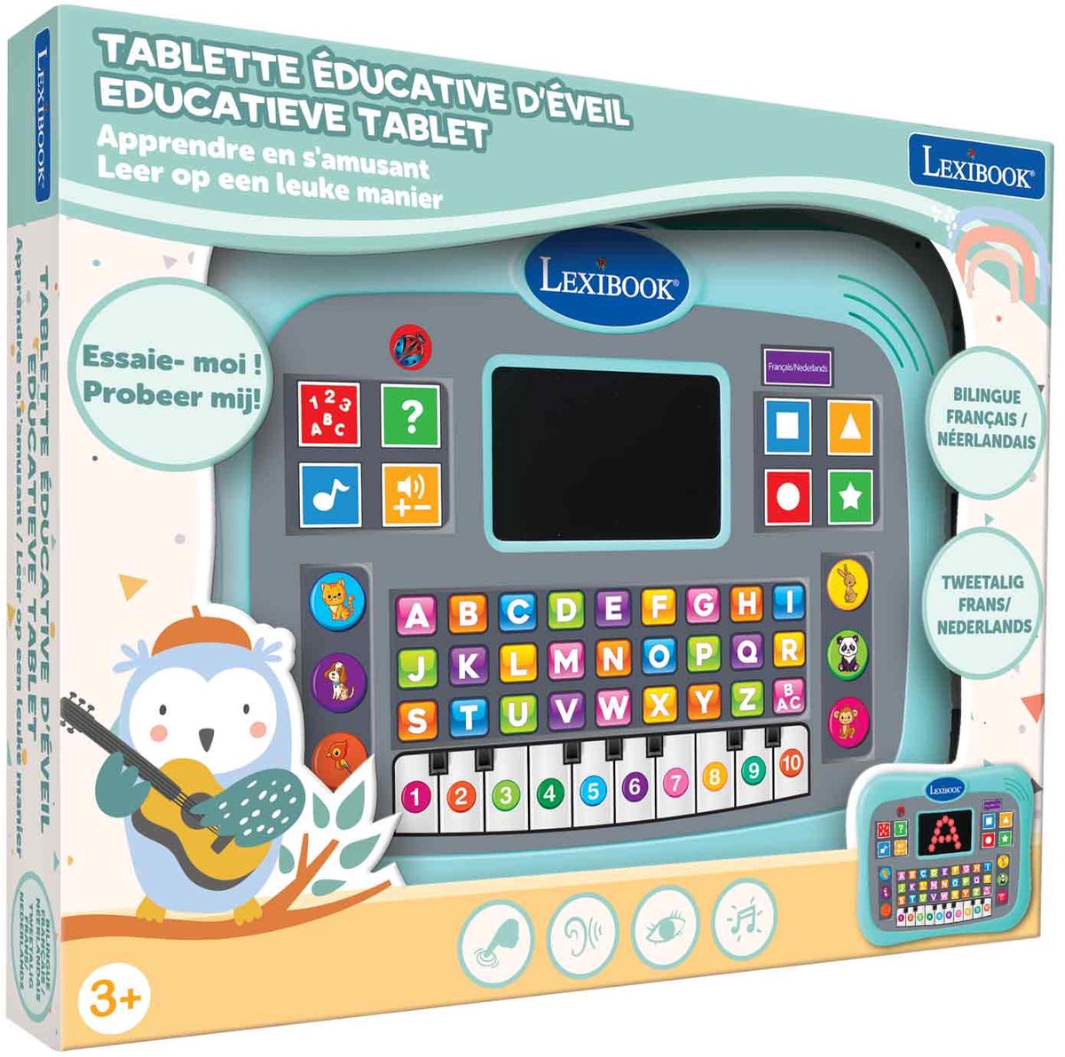 Tableta educativa bilingüe Lexibook ABC con panel táctil y pantalla LED para ilustrar las interacciones del juego en inglés y francés