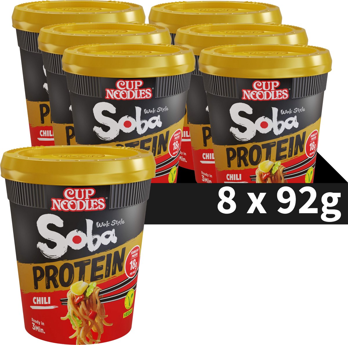 Nissin soba cup noodles protein - chili wok style noedels met eiwit - instant noodles - 8 stuks