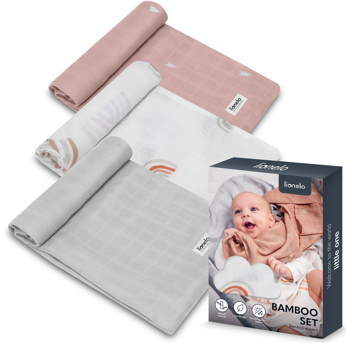Juego de bambú Lionelo - pañales 100% algodón de bambú - juego de 3 piezas - 70 x 70 cm - hipoalergénico - antibacteriano - termorregulador - suave transpirable - multicolor - lavable - desde el nacimiento