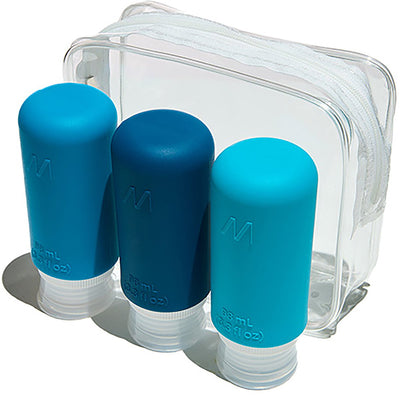 Borsa da viaggio Muitomas + 3 bottiglie - adatta al bagaglio a mano - silicone - facile codifica a colori - 3x98 ml - tappi a tenuta stagna - blu