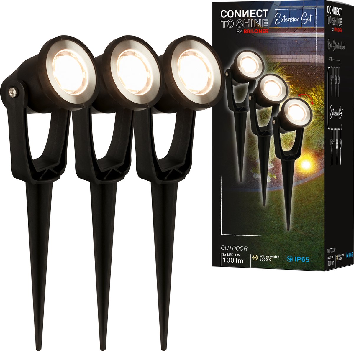 Briloner connect to shine - prikspot - set van 3 - tuinspot uitbreidingsset - tuinverlichting - ip65 - warm wit licht - 22.5x5x6 cm