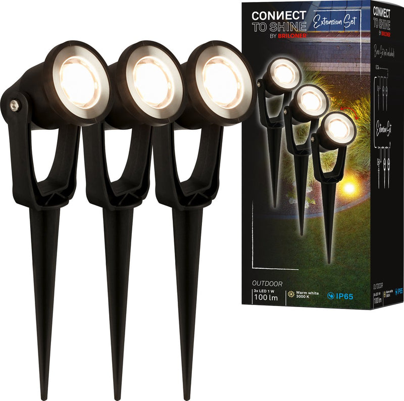Briloner connect to Shine - spot a punta - set da 3 - set estensione faretti da giardino - illuminazione da giardino - ip65 - luce bianca calda - 22,5x5x6 cm