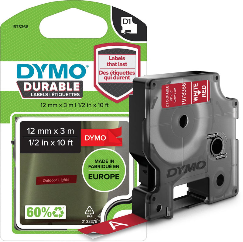 Etichette durevoli Dymo originali d1 | testo bianco su etichetta rossa | 12 mm x 3 m | etichette autoadesive per la stampante per etichette Label Manager | prodotto in Europa
