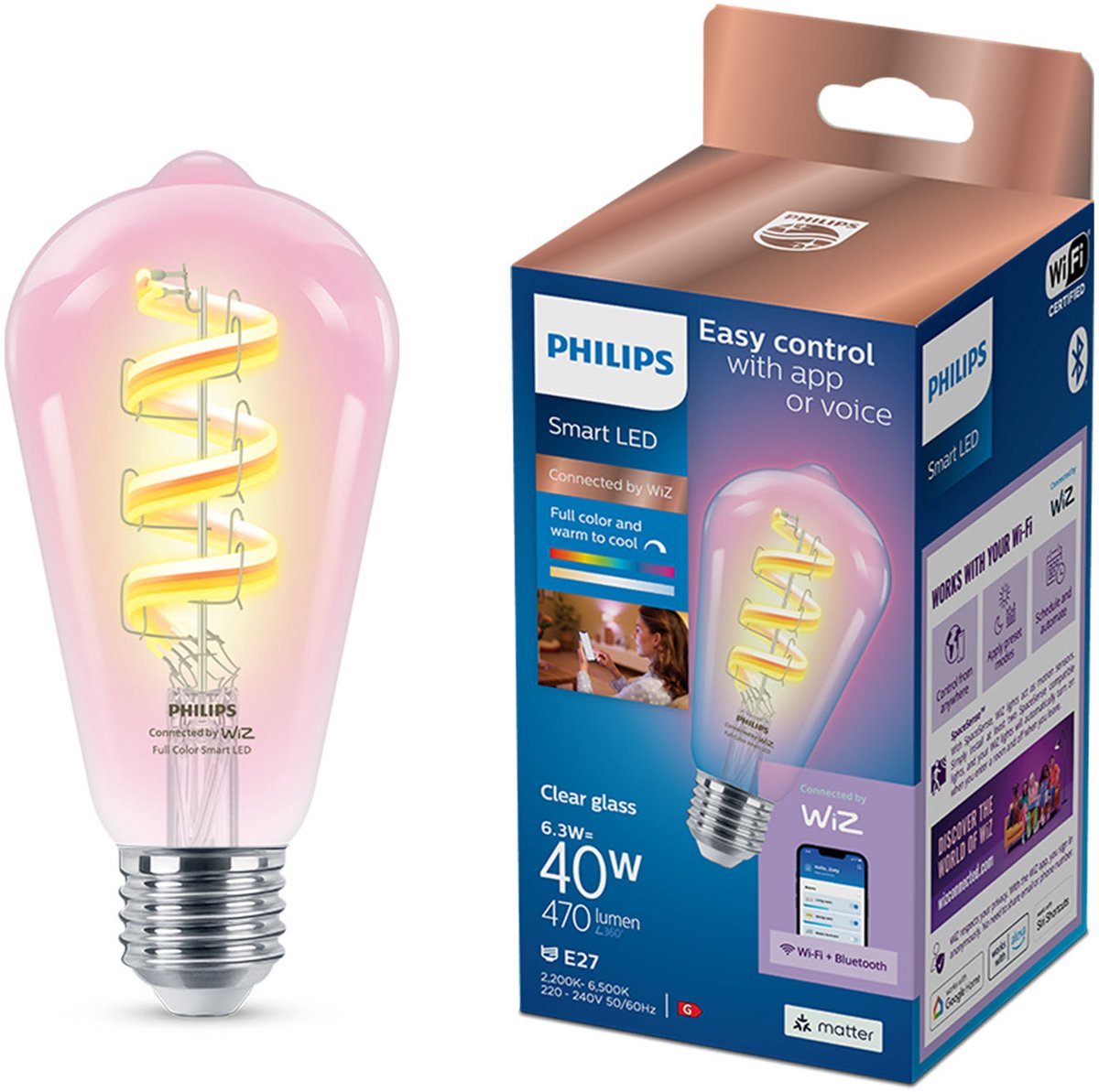 Philips smart lighting - filamento edison - illuminazione smart LED - luce colorata e bianca - e27 - trasparente - 40w - wi-fi