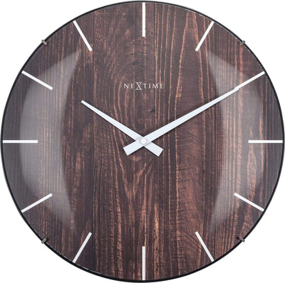 Nexttime edge wood dome – silent wall clock – 35 cm – convex glass – brown
