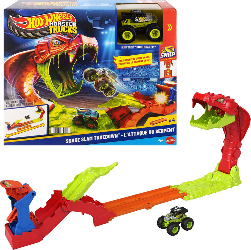 Pista de derribo de Hot Wheels Monster Trucks Snake Slam