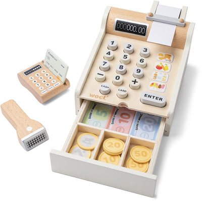 Caja registradora de juguete de madera Woet ® - caja registradora con escáner, máquina de alfileres y dinero - tienda de juegos de rol - juguetes educativos - a partir de 3 años