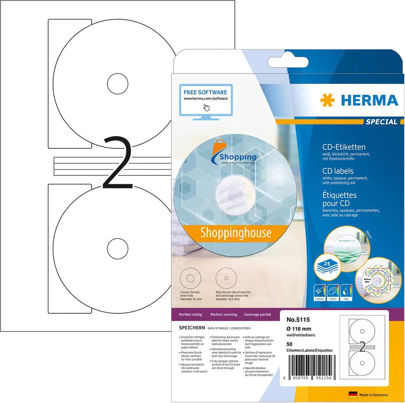 Etichetta cd dvd senza marchio sans marque herma 5115 116mm bianca - 50 etichette