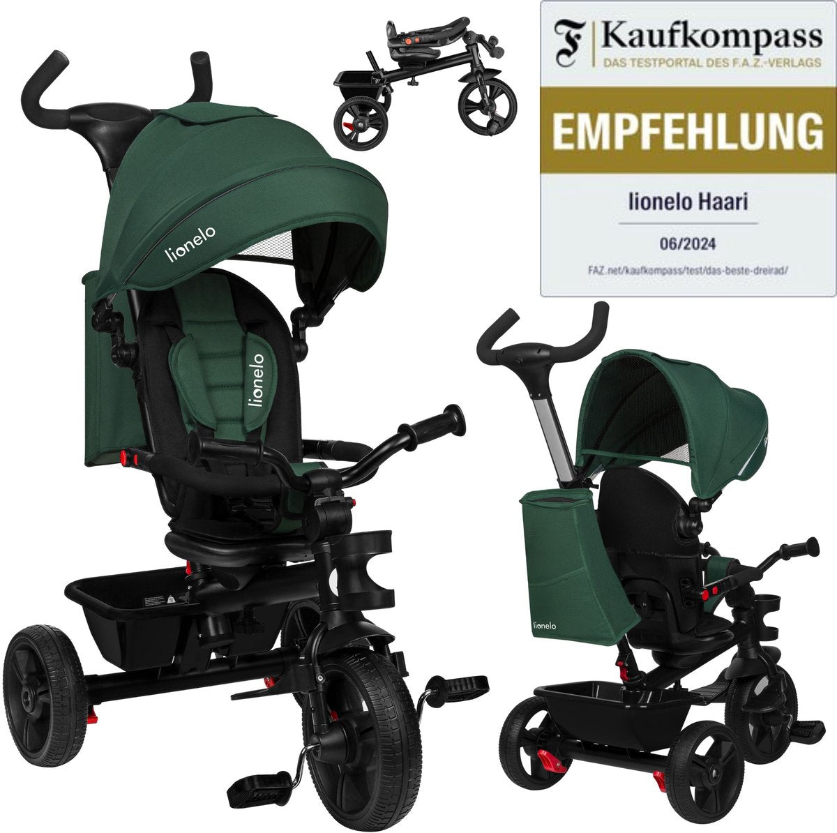 Lionelo haari - tricycle - drink holder - 2in1 - swivel seat - rubber maintenance-free wheels - free wheel - sliding bar for parents - awning - basket and bag - cup holder - grows with you - from 18 months to 25 kg
