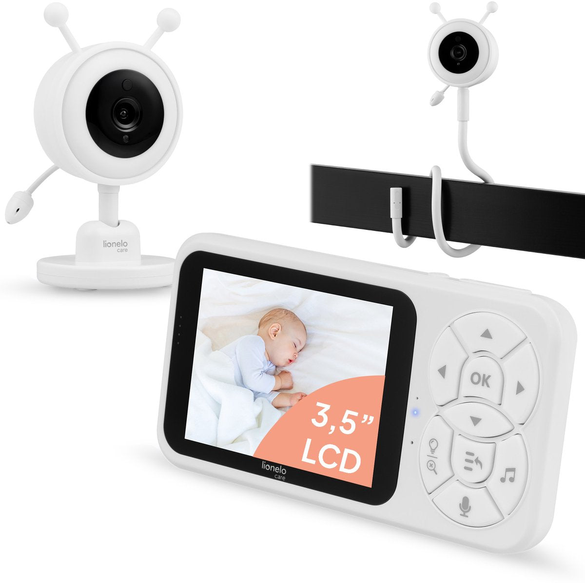 Lionelo babyline 3.4 baby monitor - 3.5" LCD screen - night vision vox sound detection - two-way communication - RGB night light - temperature sensor - up to 4 cameras - 300 m range - with flexible mounting arm
