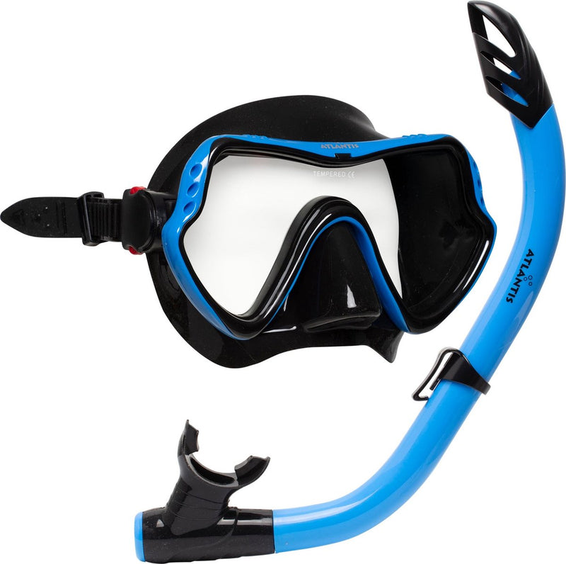 Atlantis samana pro combo - set de snorkel - gafas de buceo snorkel - vidrio reforzado - dry top - bolsa de almacenamiento de lujo - adultos - negro azul