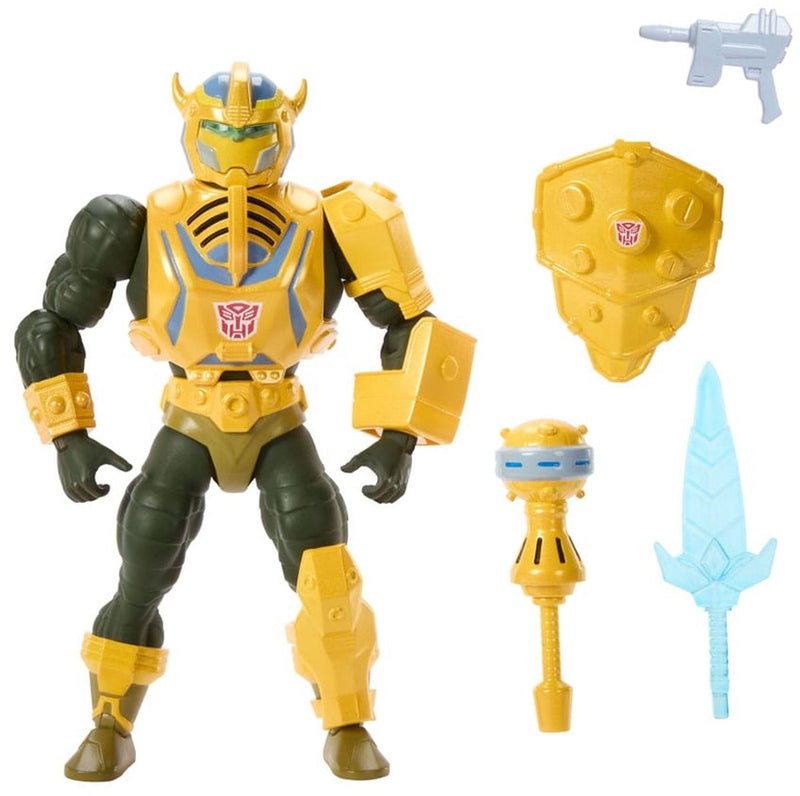 Mattel Masters of the Universe x Transformers action figure Bumblebee Armor Man-at-Arms HEO Action figure da 14 cm, esclusiva europea