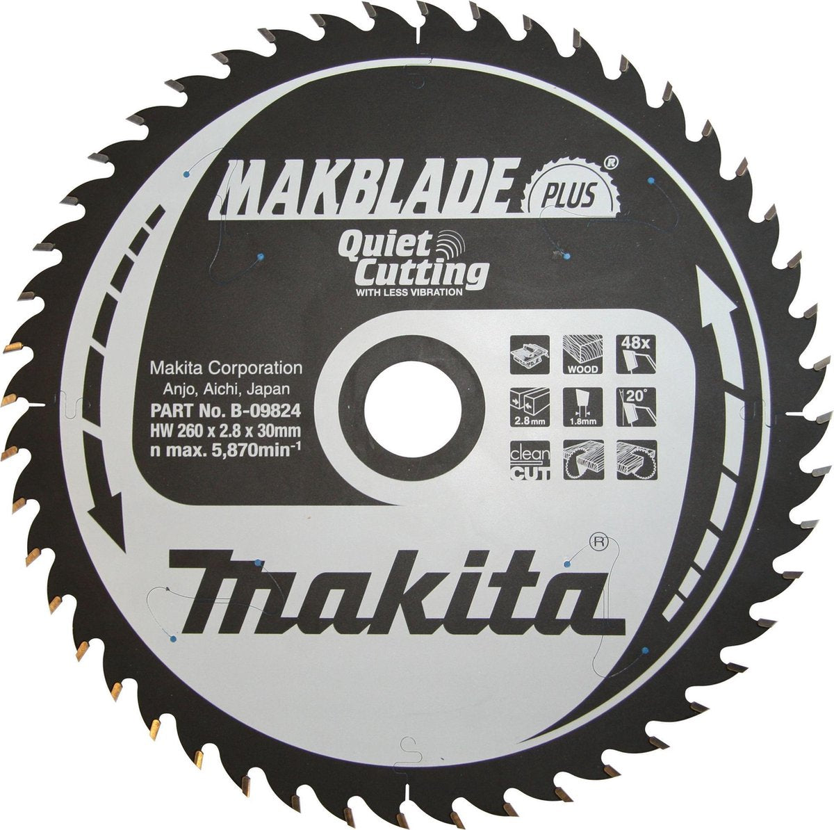 Lama per sega circolare Makita per legno | makblade-plus | Foro asse ø 260mm 30mm 48t - b-09824
