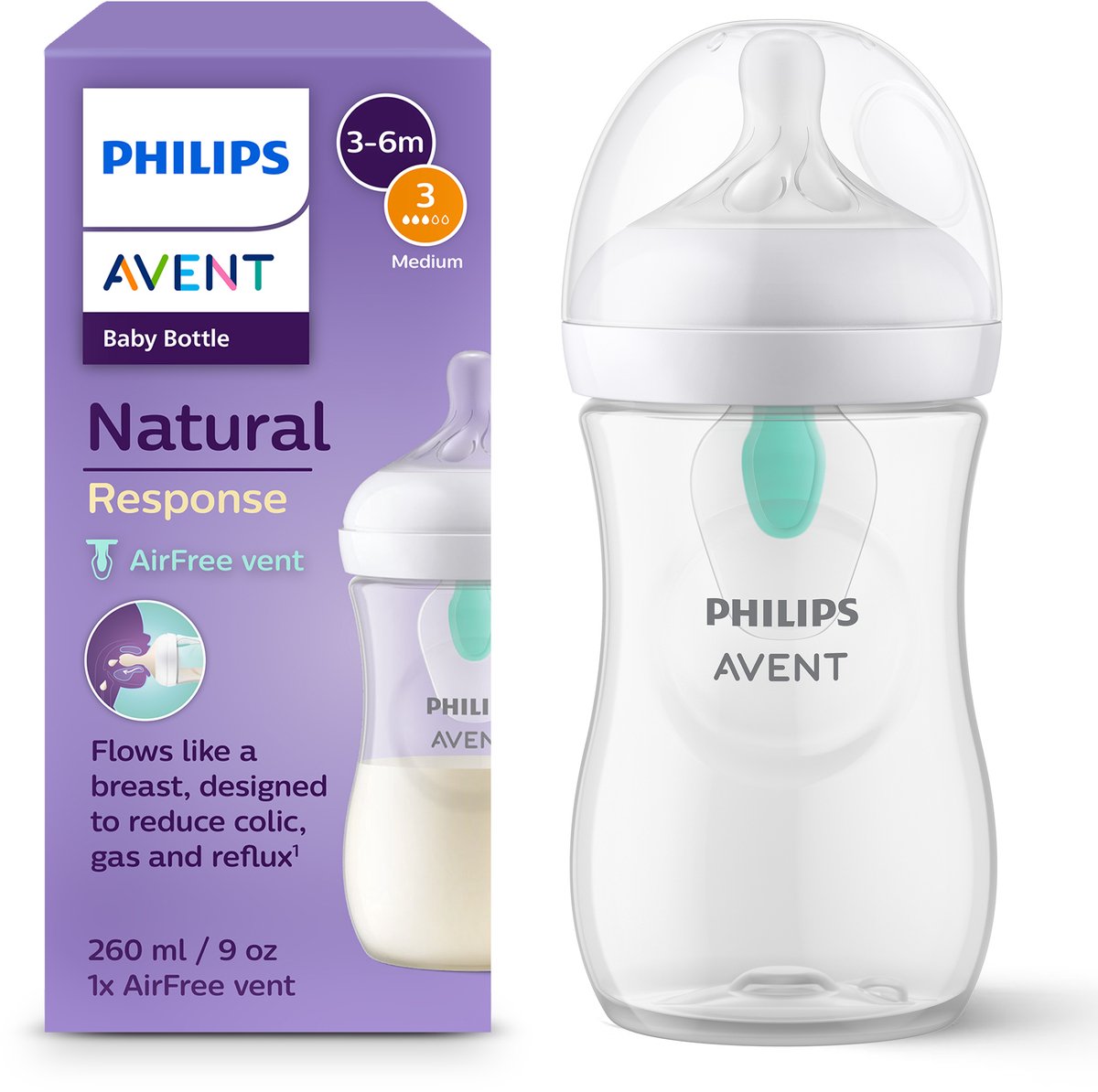 Philips avent biberón natural Response 260ml - flujo 3 - anticólicos - 1 biberón - scy673 01
