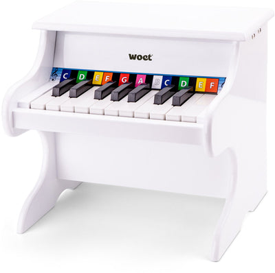 Pianoforte giocattolo in legno Woet ® - strumento giocattolo - bianco - incluso libretto di spartiti e caricatore per toni - da 3 anni - suonare il pianoforte per bambini