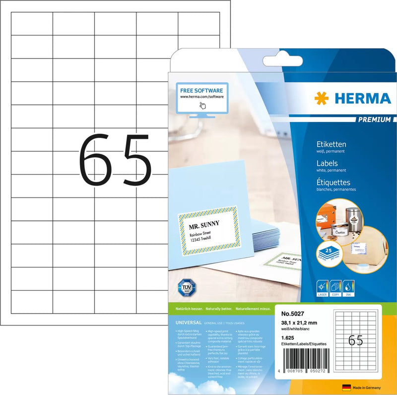 Etichette per stampante Herma etichette premium a4 38,1x21,2 mm carta bianca opaca 1625 pz.