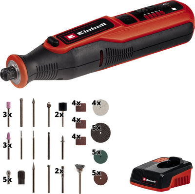 Multiutensile rotativo a batteria Einhell - ioni di litio 7,2 v 1,5 ah - 5.500-26.000 t min - campo di serraggio: 1,6-3,2 mm - max. diametro degli attacchi: ø32 mm - max. lunghezza attacco: 18 mm - incl. stazione di ricarica + set di accessori da 57 pezzi