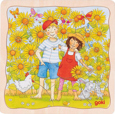 Puzzle Goki - campo de girasoles - 35 piezas - 3 capas - 20x20x1.1cm - madera - 3+
