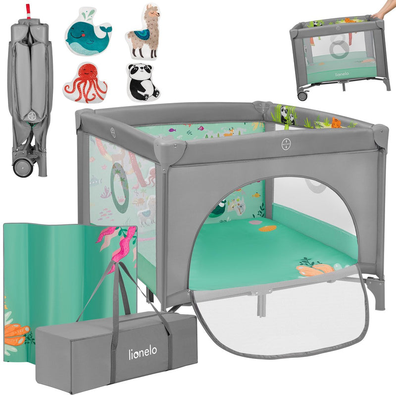 Box Lionelo mille plus 0-36 mesi – box per bebè con materasso in schiuma T25, giocattoli educativi, maniglie per imparare a stare in piedi, giostrina pieghevole, porta laterale con cerniera – box da gioco per la casa e il viaggio