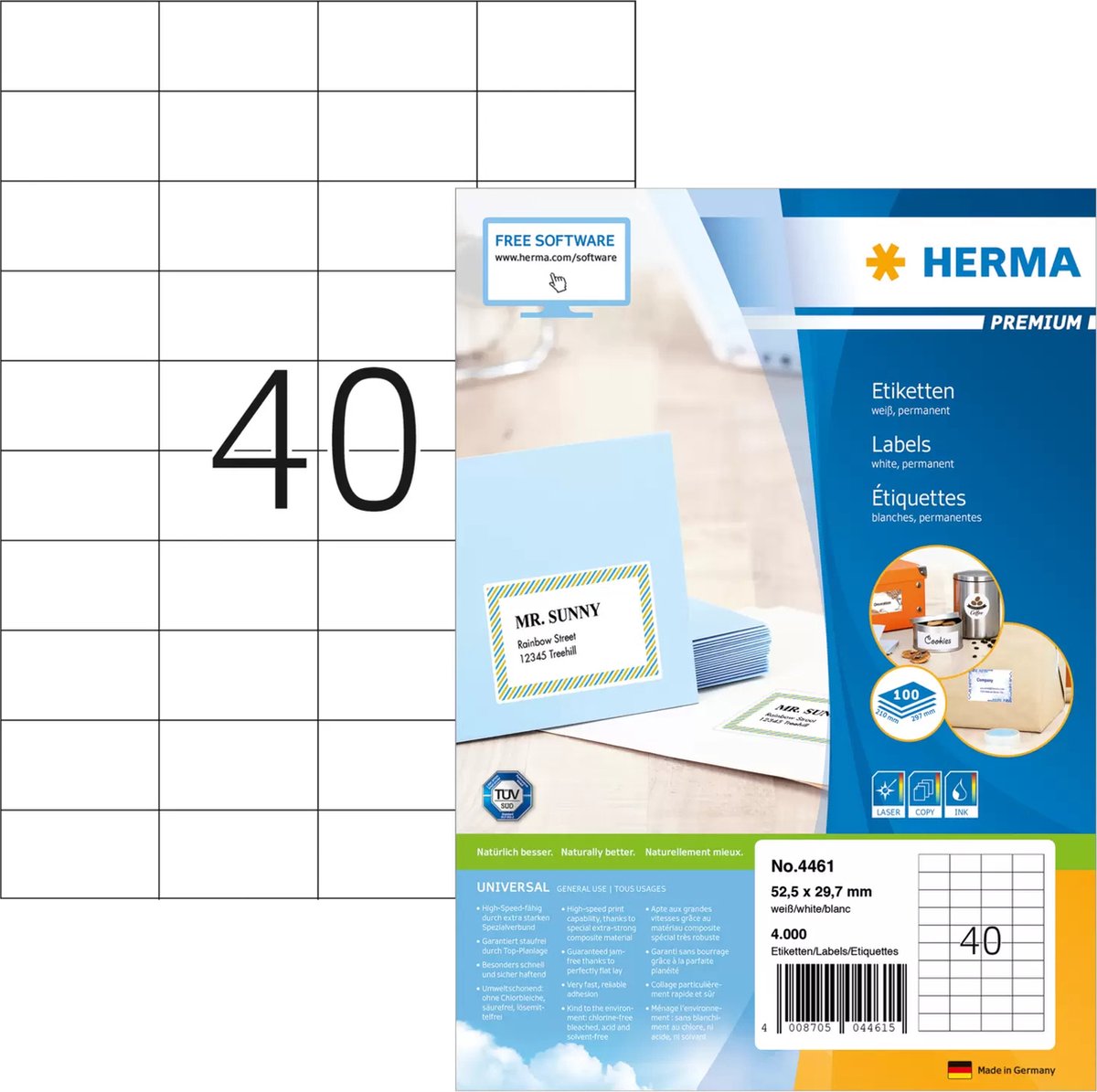 Unbranded sans marque herma prem. etichette 52,5x29,7 100 fogli DIN A4 4000 pezzi 4461