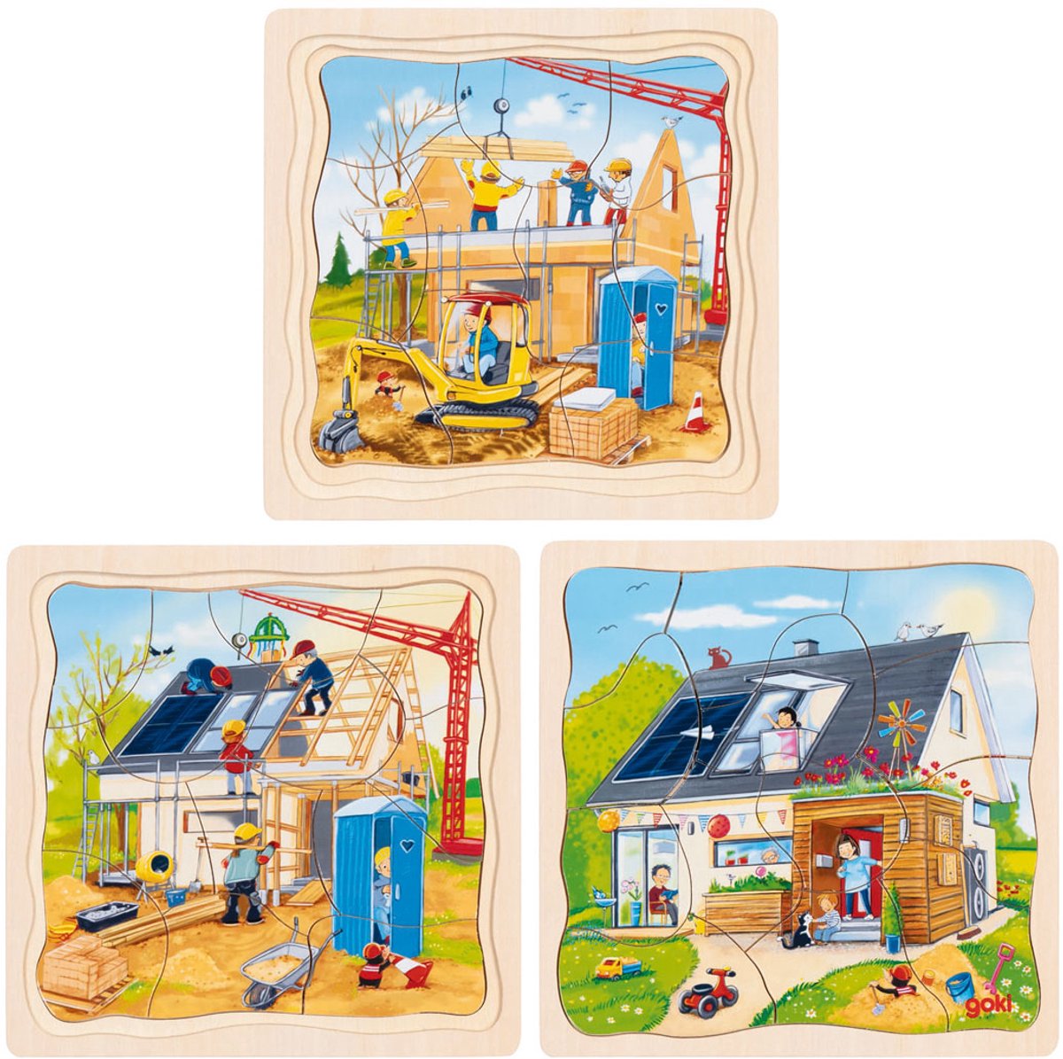 Puzzle de madera de 3 capas de Goki - construcción de casas - 35 piezas
