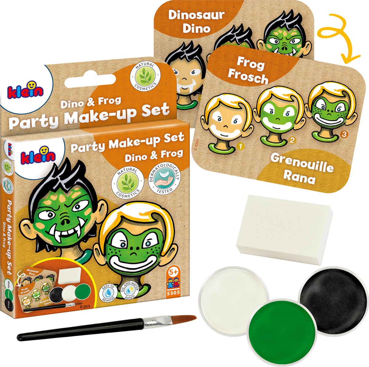 Set trucco per feste Klein Toys 'dino frog' - tre compresse di vernice in verde, bianco e nero - certificato secondo ISO 16128 - multicolore