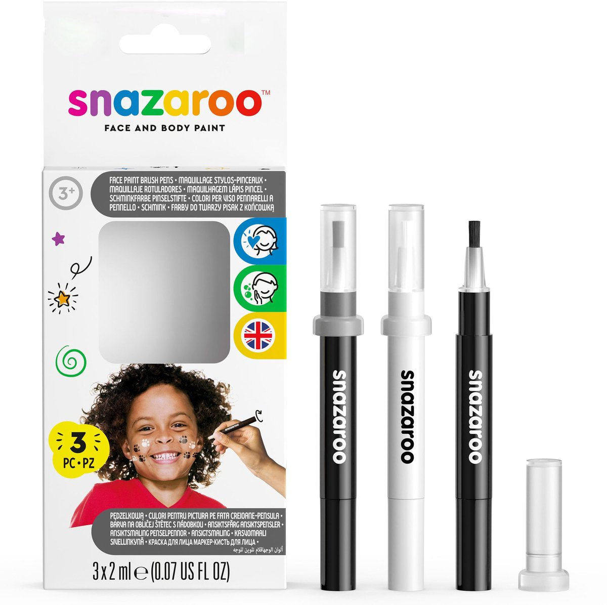 Snazaroo 1180156 set pennarelli bianco e nero 3 pezzi – pennarelli per pittura viso per contorni dettagli – pronti all'uso