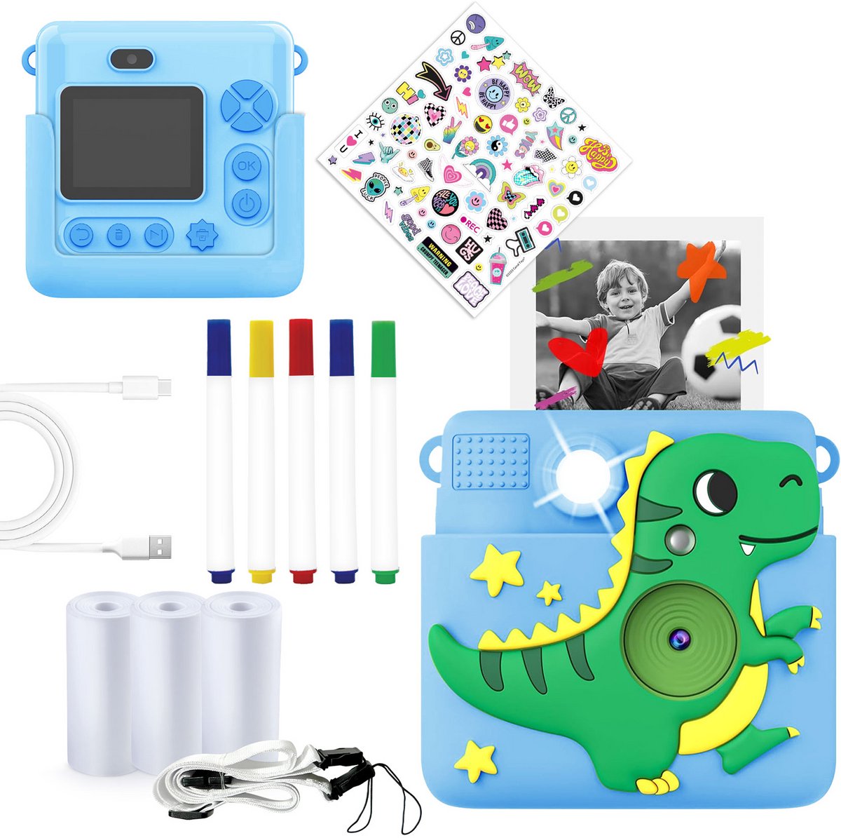 Denver kindercamera full hd met printer - selfie camera - 20mp - digitale camera kinderen - foto - video - spelletjes - kpc1363 blauw