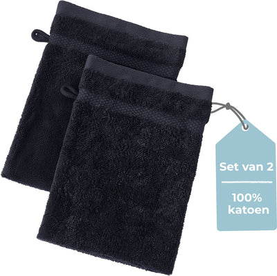 Hush. living hush living - washand 100% katoen - set van 2 - zware kwaliteit 500g m2 - stijlvol boord en ophanglus- 16x22cm - zwart