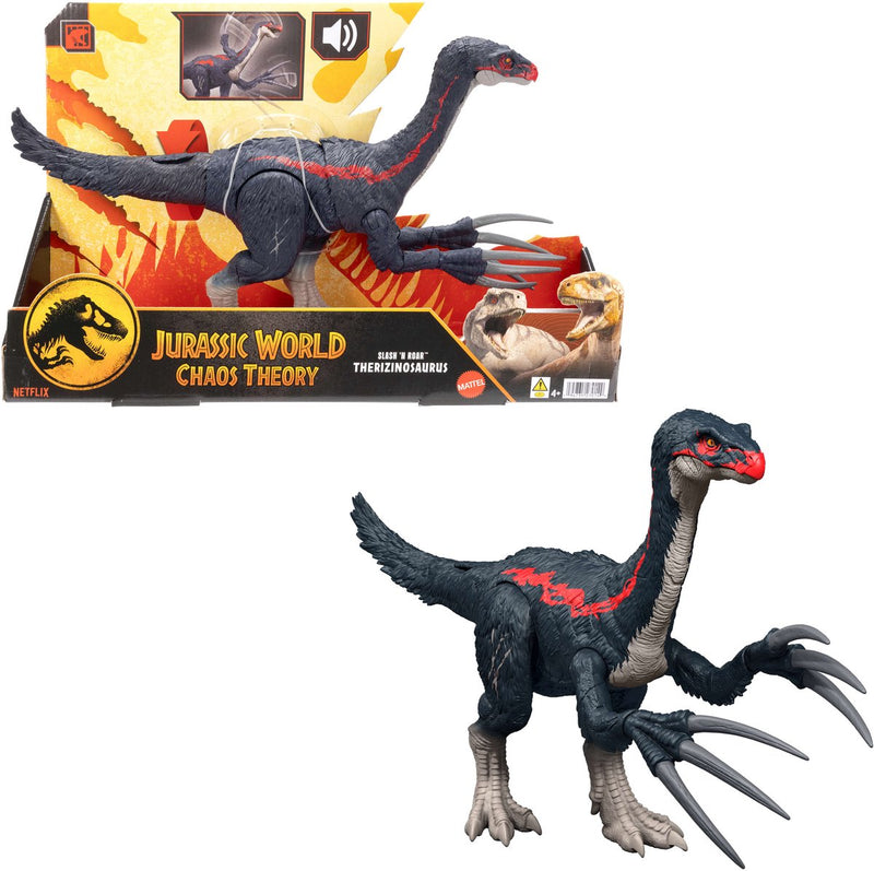 Mattel Jurassic World Slap and Roar Therizinosaurus - con función de ataque y sonidos - teoría del caos