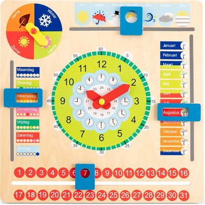 Woet New Classic Toys® orologio calendario in legno - impara a leggere l'ora - orologio didattico - sai che giorno è? Che ore sono? c'è il sole? - giorni, mesi, stagioni meteo - giocattoli educativi - da 3 anni
