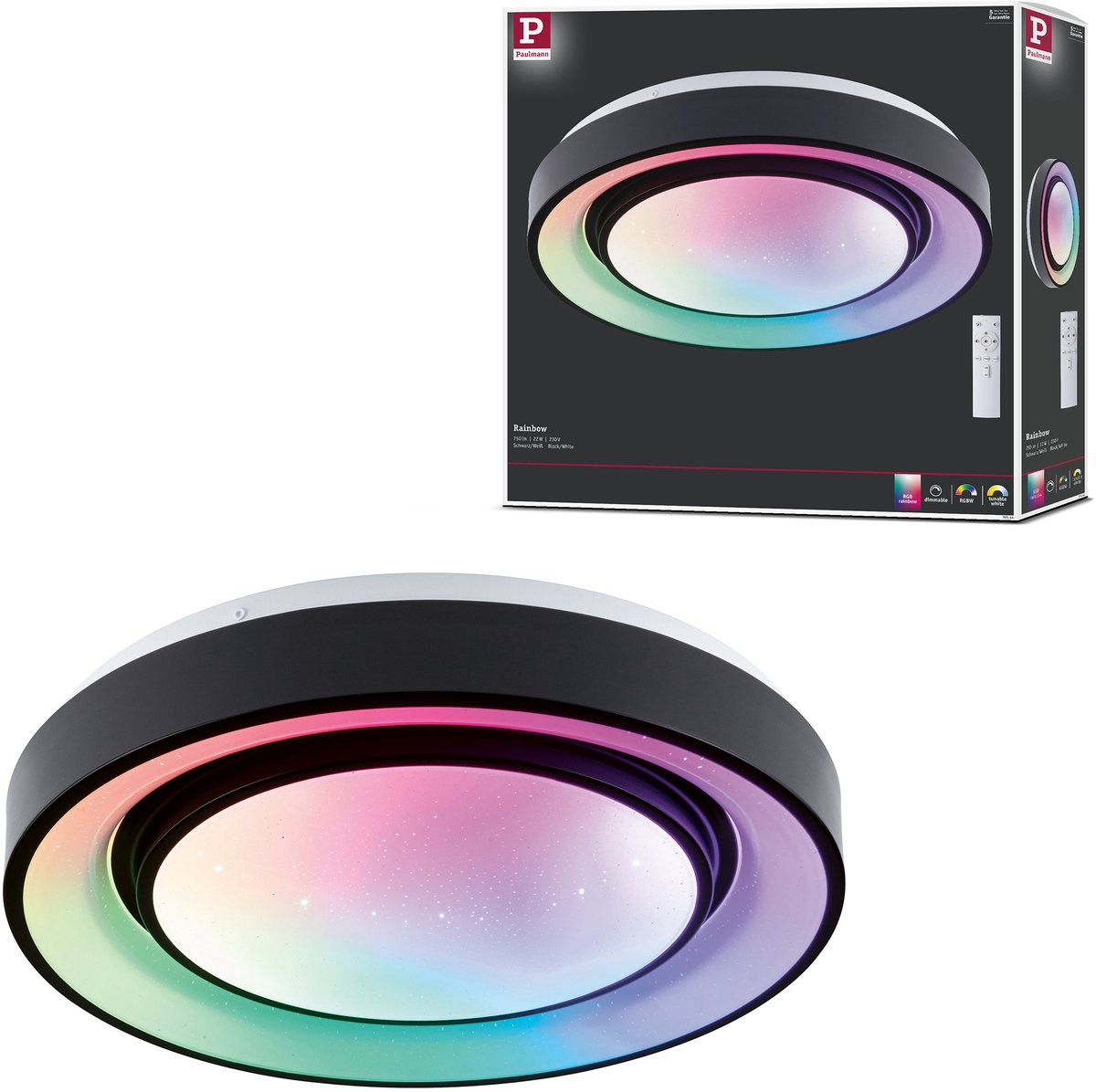 Paulmann Plafón LED arcoiris efecto arcoíris RGBW+ 750lm 230V 22W regulable negro, blanco