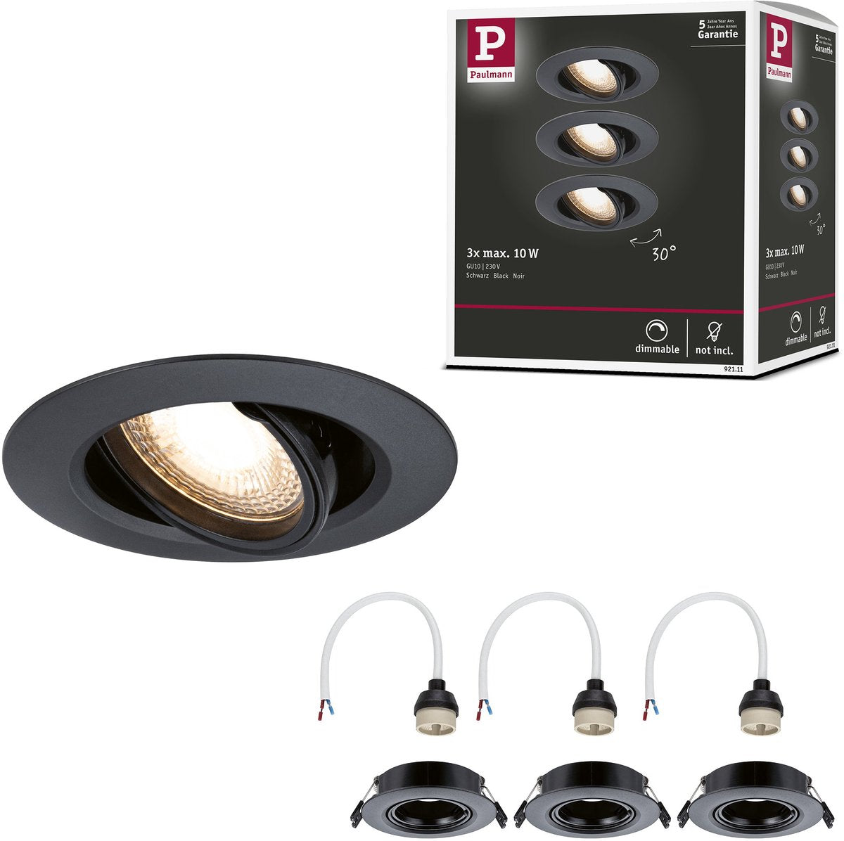Paulmann lampada da incasso set da 3 orientabile tonda 90 mm 30° gu10 max. 3x10w 230v dimmerabile nero