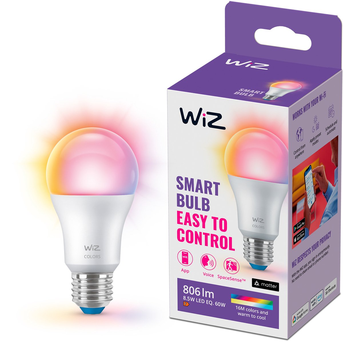 Lámpara Wiz - luz blanca y coloreada - iluminación LED inteligente - casquillo E27 - 60w - mate - wi-fi