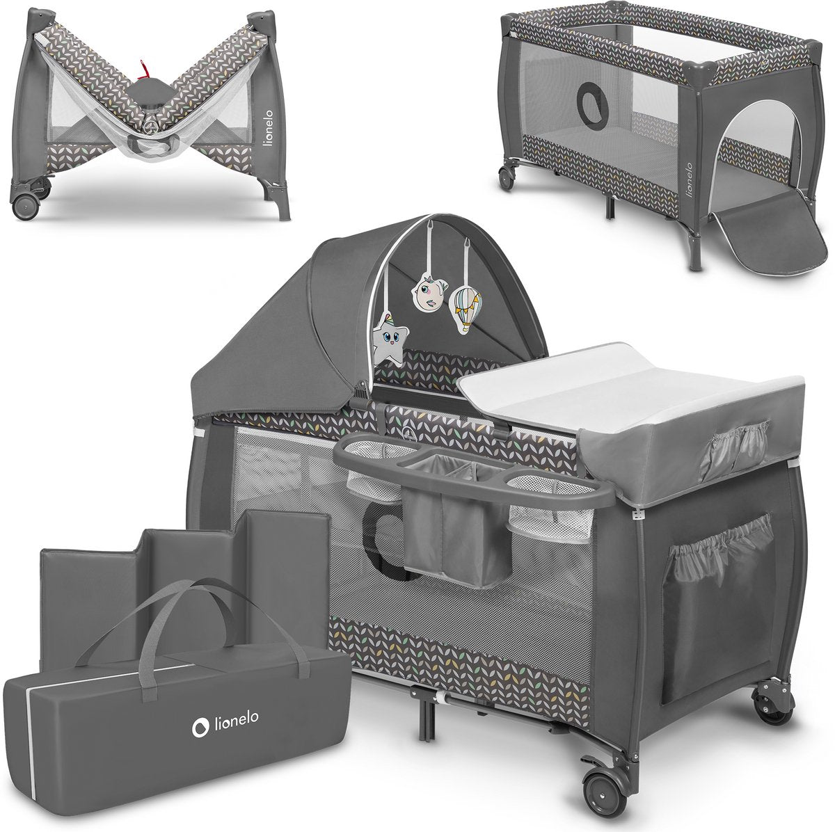 Lionelo sven plus 2in1 meegroeibed campingbedje - 127x60 cm - tot 15 kg - co-sleeper - reisbed met commode, organizer, klamboe en interactief speelgoed