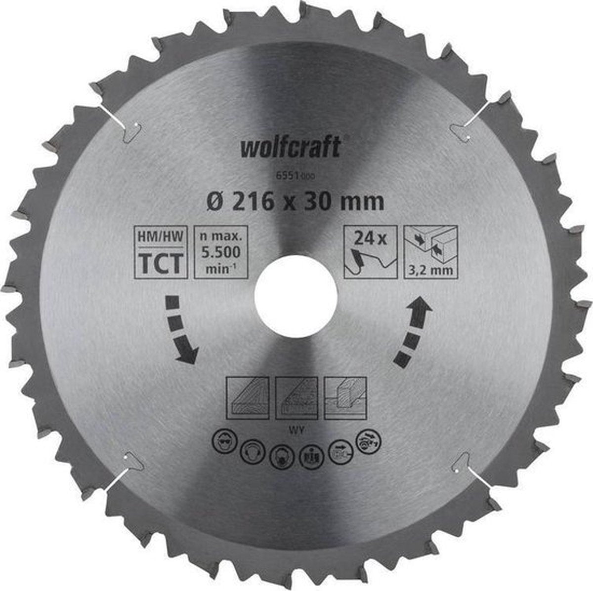 Wolfcraft - lama per sega circolare 216x30 mm per sega trasversale - 24 denti - adatta per troncatrici e seghe da tavolo - 6551000