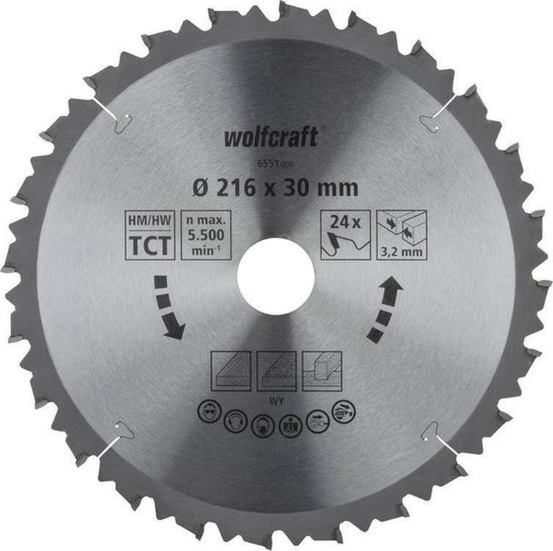 Wolfcraft - lama per sega circolare 216x30 mm per sega trasversale - 24 denti - adatta per troncatrici e seghe da tavolo - 6551000