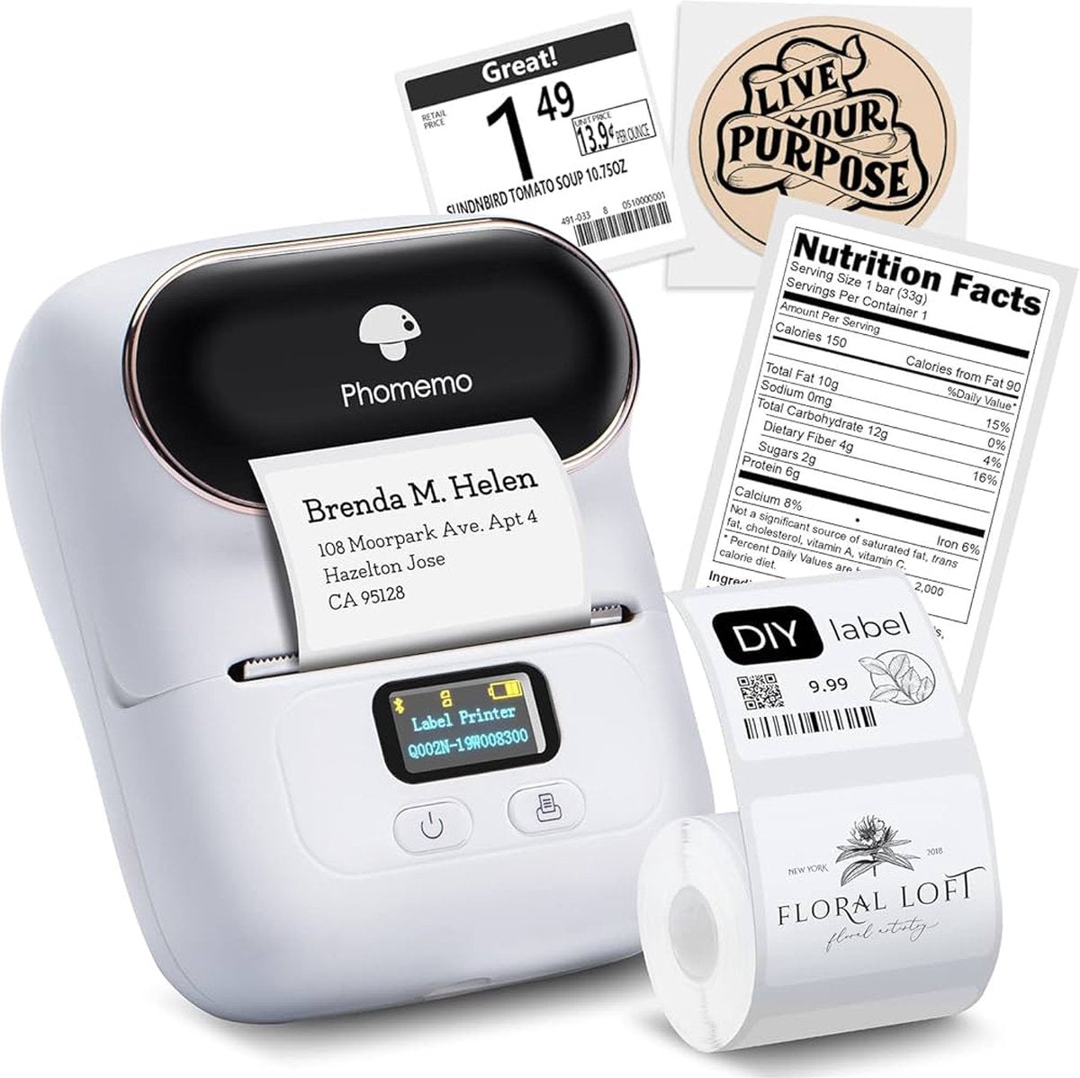Phomemo - m110 - portable label printer - draadloze thermische labelprinter - met app - labels inbegrepen - bluetooth - wit