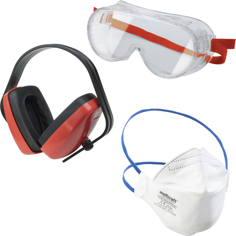 Wolfcraft - set di occhiali di sicurezza - 3 pezzi - inclusa maschera antipolvere e protezione per l'udito - 4980000