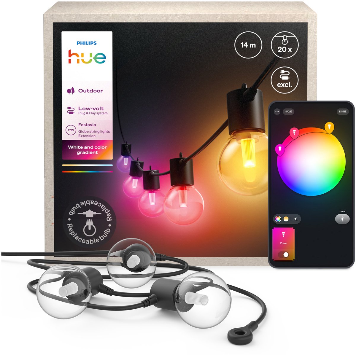 Cable de luz exterior Philips Hue Festavia con lámparas de globo - 21 metros - 30 lámparas - extensión