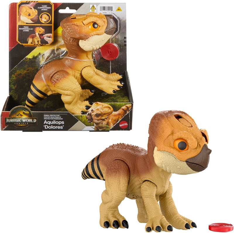 Mattel Jurassic World Rebirth Animal Guardián Aquilops 'Dolores', Juguete Interactivo de Dinosaurio con Acción de Ataque y Sonidos, Figura Electrónica Estilo Amigo Animal, con Accesorio de Comida