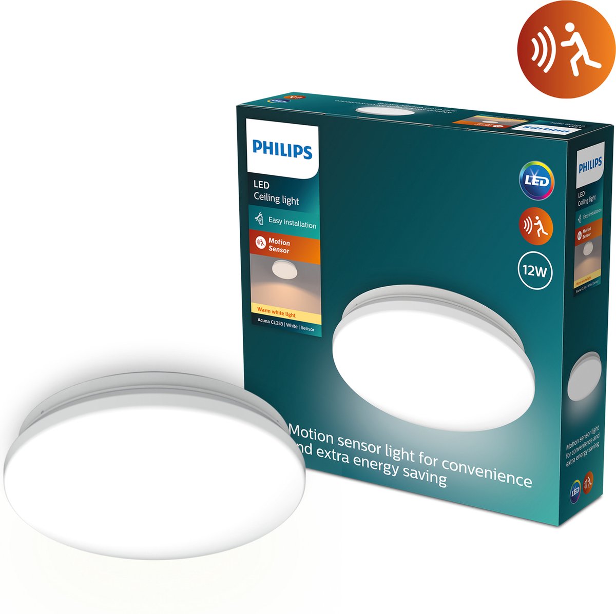 Philips led philips acuna plafondlamp - 12w - warmwit licht - ingebouwde bewegingssensor