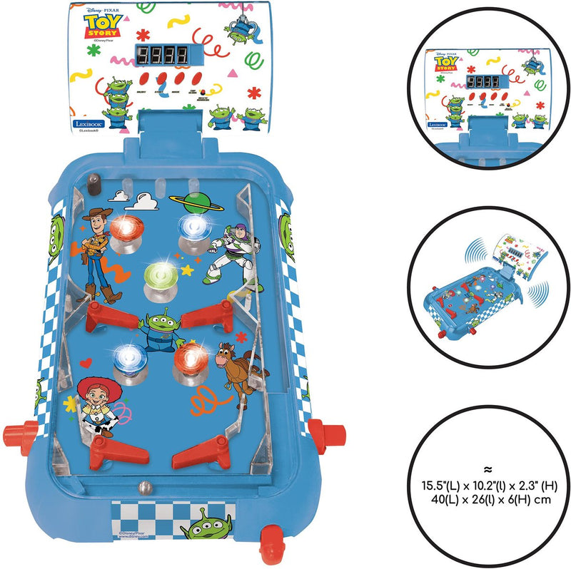 Flipper elettronico da tavolo Lexibook Toy Story con design fantastico, suoni, luci e punteggi digitali per giocare da solo o sfidare i tuoi amici.