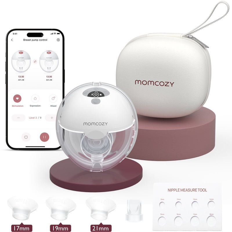Momcozy m5 smart – extractor de leche manos libres – 1 pieza – eléctrico – compacto silencioso – con inserciones de protector de pecho – blanco gris