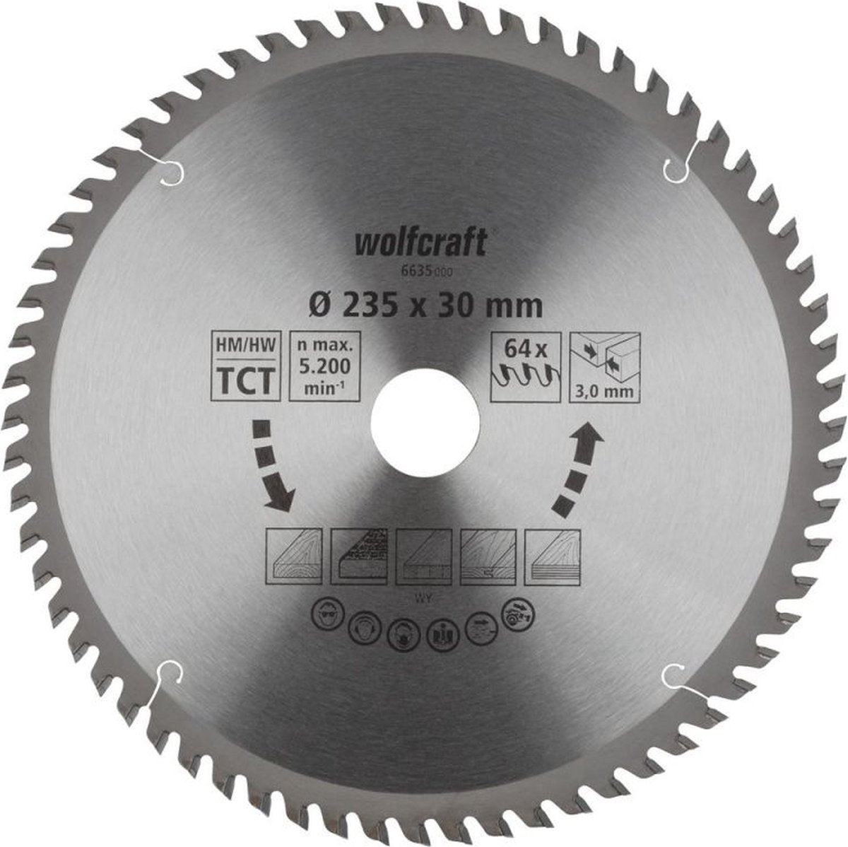 Wolfcraft - hoja de sierra circular 235 mm - 64 dientes - diámetro 30 mm - para sierra circular - 235x30 - 6635000