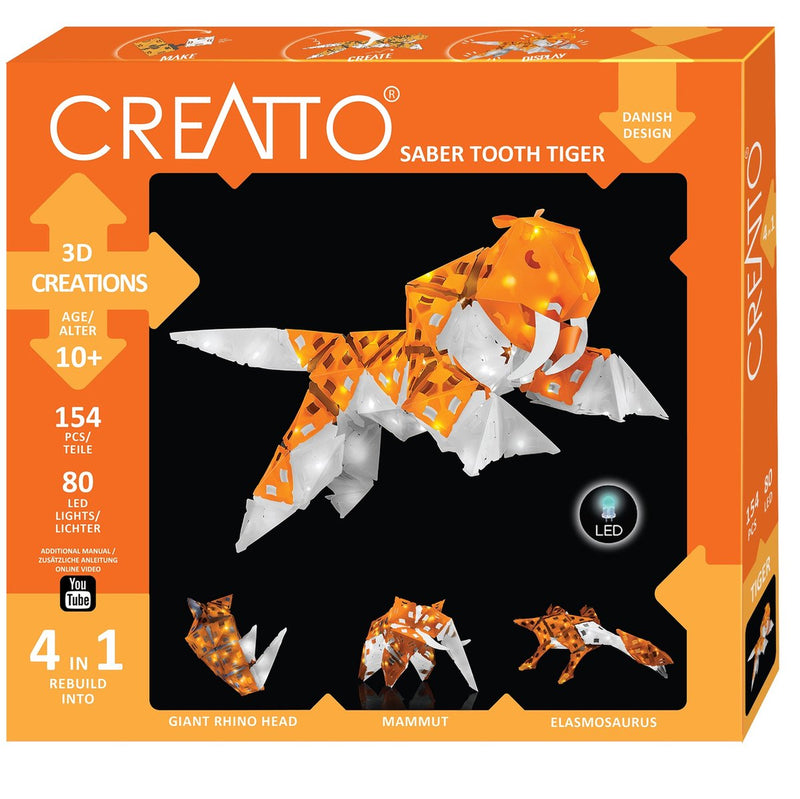 Kosmos creatto tigre sable – paquete de hobby – construye 4 modelos de animales 3D iluminados con LED – tigre dientes de sable