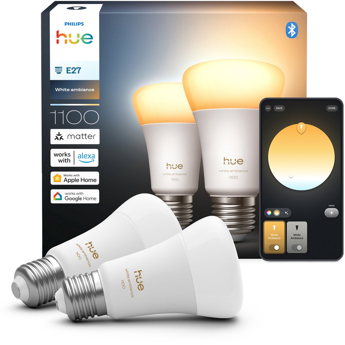 Bombilla Philips Hue smart LED A67, luz blanca cálida a fría, casquillo E27, paquete de 2