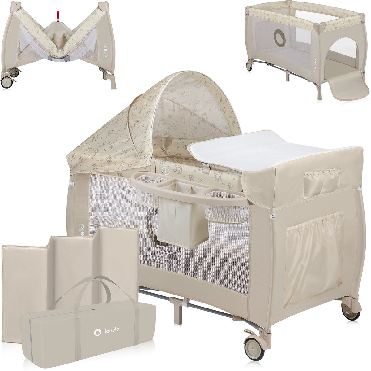 Lionelo sven plus 2in1 meegroeibed campingbedje - 127x60 cm - tot 15 kg - co-sleeper - reisbed met commode, organizer, klamboe en interactief speelgoed