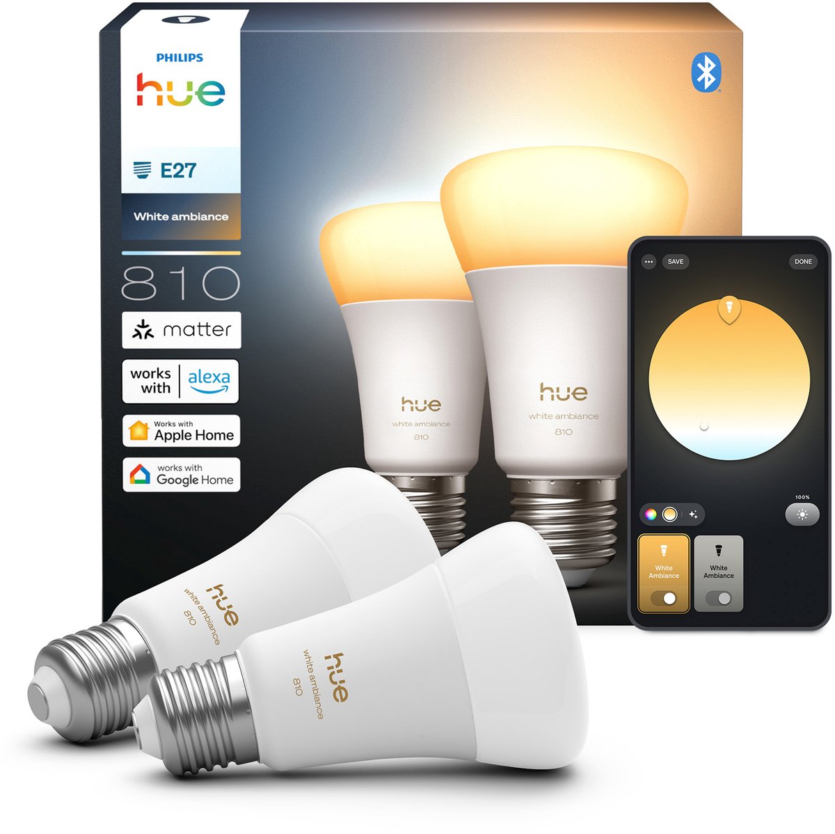 Philips hue slimme led a60 lamp, warm tot koelwit licht, e27 fitting, 2-pack