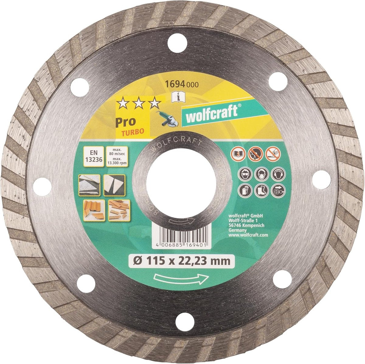 Wolfcraft - disco de corte de diamante 115 mm - disco de corte de diamante pro turbo para amoladoras angulares - 1694000